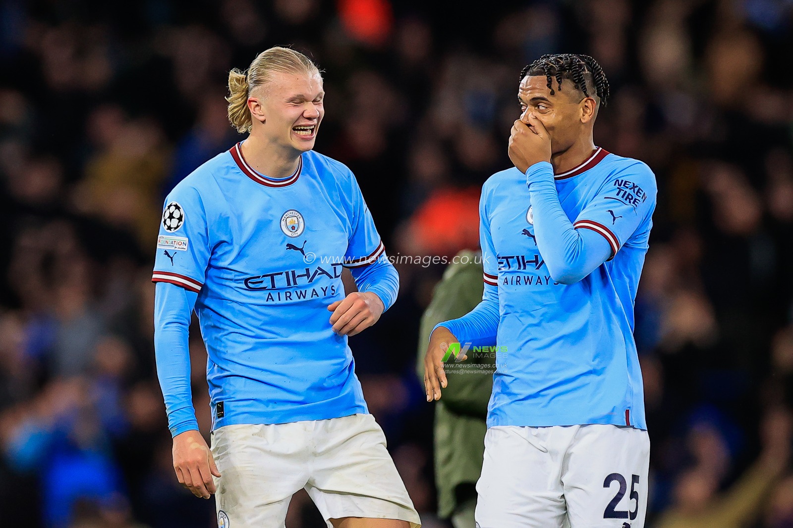 Erling Haaland #9 of Manchester City celebrates his sides 3-0 victory with Manuel Akanji #25 at the end of the UEFA Champions League Quarter-Finals 1st Leg Manchester City vs Bayern Munich at Etihad Stadium, Manchester, United Kingdom, 11th April 2023

(Photo by Conor Molloy/News Images)