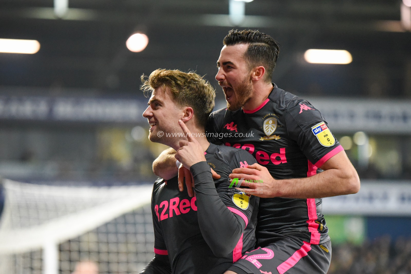 1st January 2020, The Hawthorns, West Bromwich, England; Sky Bet Championship, West Bromwich Albion v Leeds United : Jack Harrison (22) of Leeds United jumps on the back of goal scorer Patrick Bamford (9) after he made the score 1-1

Credit: Simon Whitehead/News Images