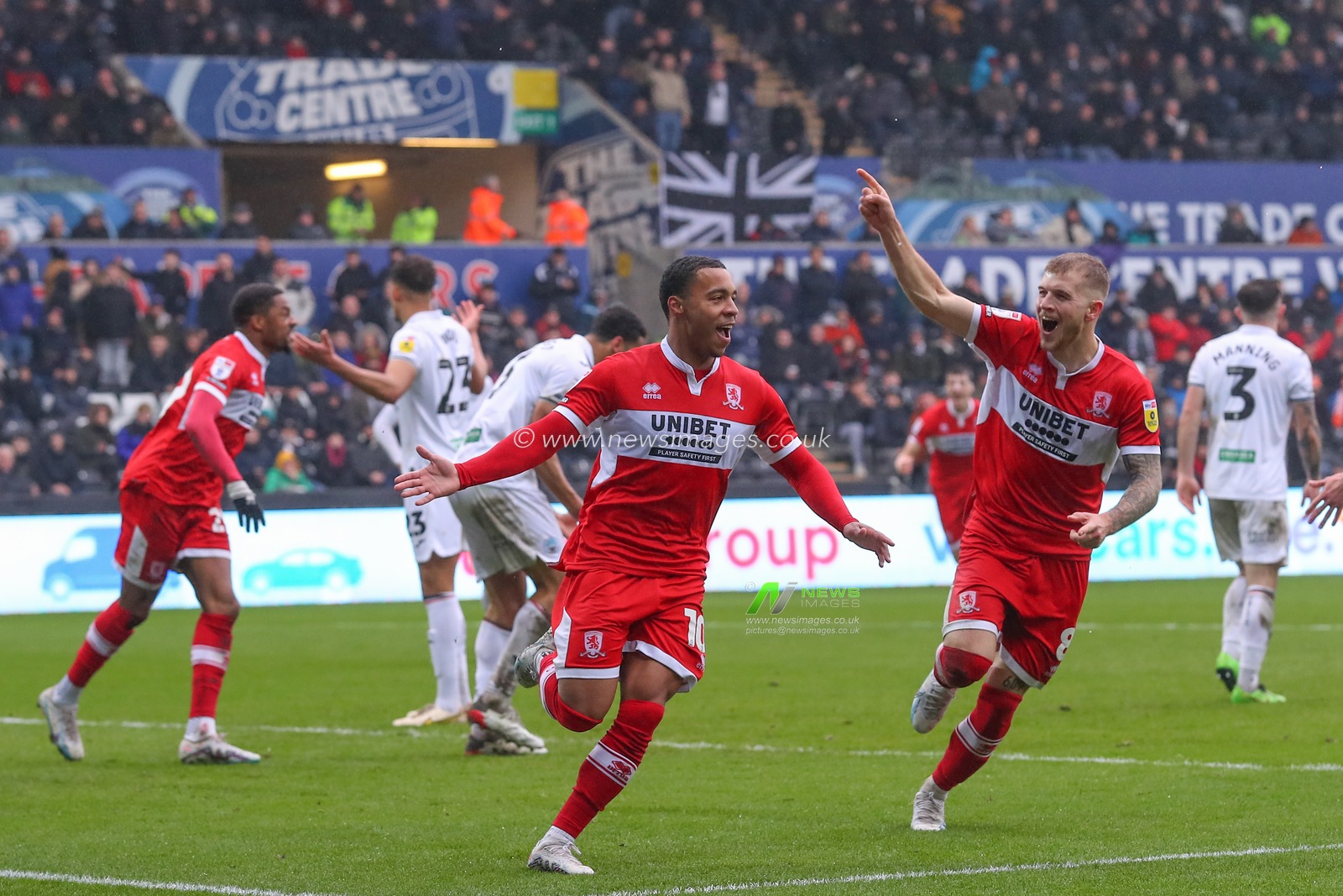 Cameron Archer #10 of Middlesbrough celebrates his goal to make it 1-2 during the Sky Bet Championship match Swansea City vs Middlesbrough at Swansea.com Stadium, Swansea, United Kingdom, 11th March 2023

(Photo by Gareth Evans/News Images)