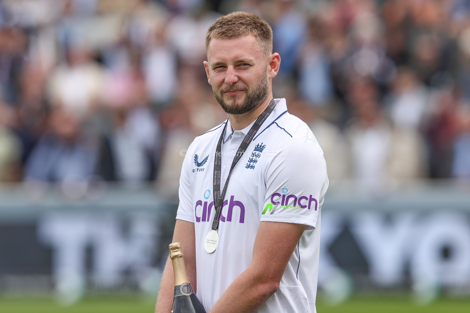 Gus Atkinson of England is the man of the match during the Rothesay First Test Match Day Three England v West Indies at Lords, London, United Kingdom, 12th July 2024

(Photo by Mark Cosgrove/News Images)
