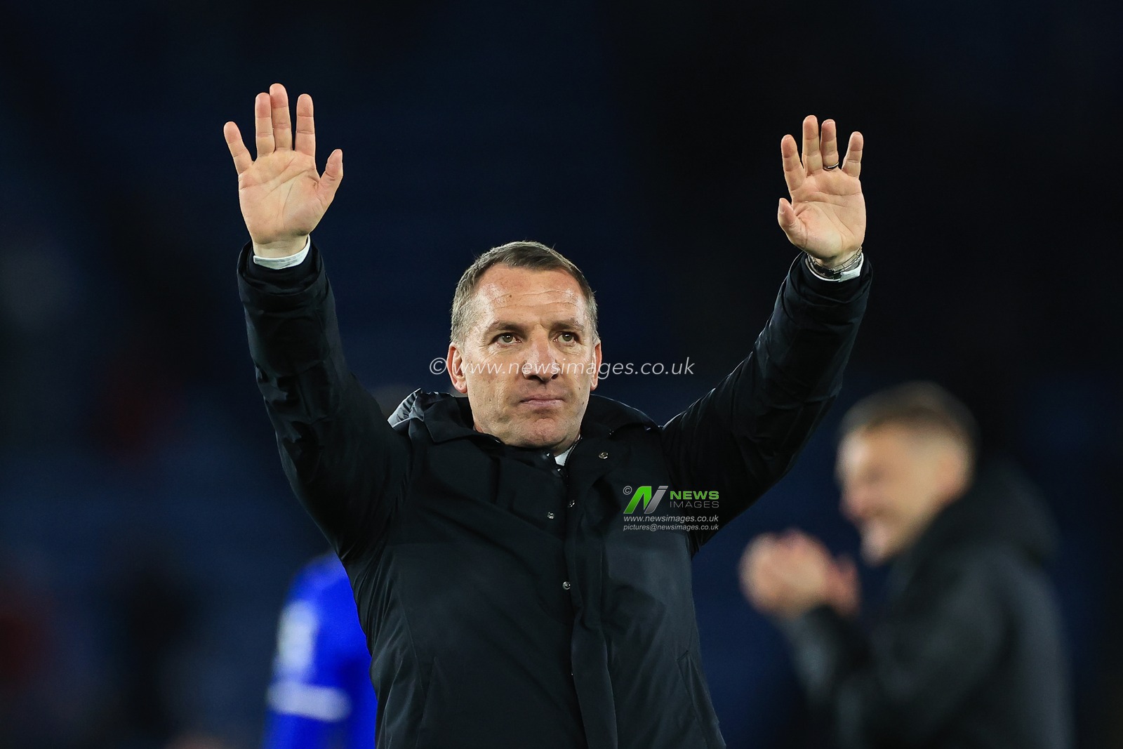 Brendan Rogers manager of Leicester City waves to the fans after the final whistle
