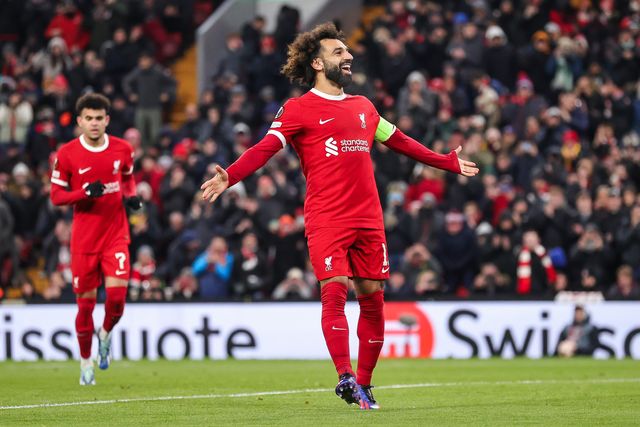 Mohamed Salah #11 of Liverpool celebrates his goal to make it 3-0 during the UEFA Europa League Group E match Liverpool vs LASK at Anfield, Liverpool, United Kingdom, 30th November 2023

(Photo by Mark Cosgrove/News Images)