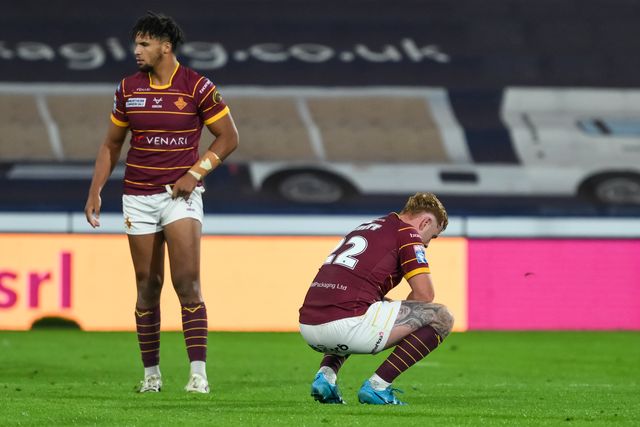 Harvey Livett of Huddersfield Giants is dejects at the end of the Betfred Super League Round 26 match Huddersfield Giants vs Warrington Wolves at John Smith's Stadium, Huddersfield, United Kingdom, 14th September 2024

(Photo by Craig Thomas/News Images)