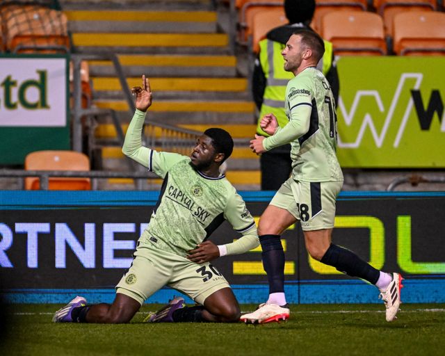 Gideon Kodua of Luton Town  celebrates scoring a penalty to equalise (2-2)during the Sky Bet League 1 match Blackpool vs Luton Town at Bloomfield Road, Blackpool, United Kingdom, 30th September 2025

(Photo by Adam Gee/News Images)