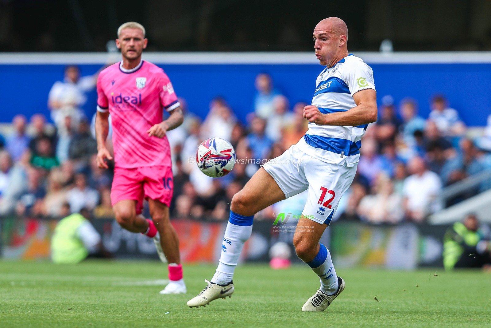 Michael Frey of Queens Park Rangers controls the ball during the Sky Bet Championship match Queens Park Rangers vs West Bromwich Albion at Kiyan Prince Foundation Stadium, London, United Kingdom, 10th August 2024

(Photo by Izzy Poles/News Images)