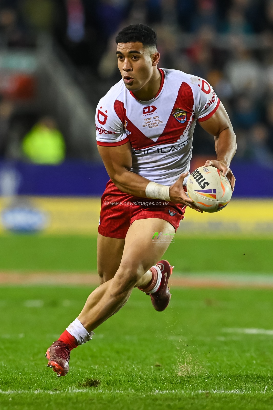 Tolutaâ€™u Koula of Tonga makes a break during the Rugby League World Cup 2021 match Tonga vs Papua New Guinea at Totally Wicked Stadium, St Helens, United Kingdom, 18th October 2022

(Photo by Craig Thomas/News Images)