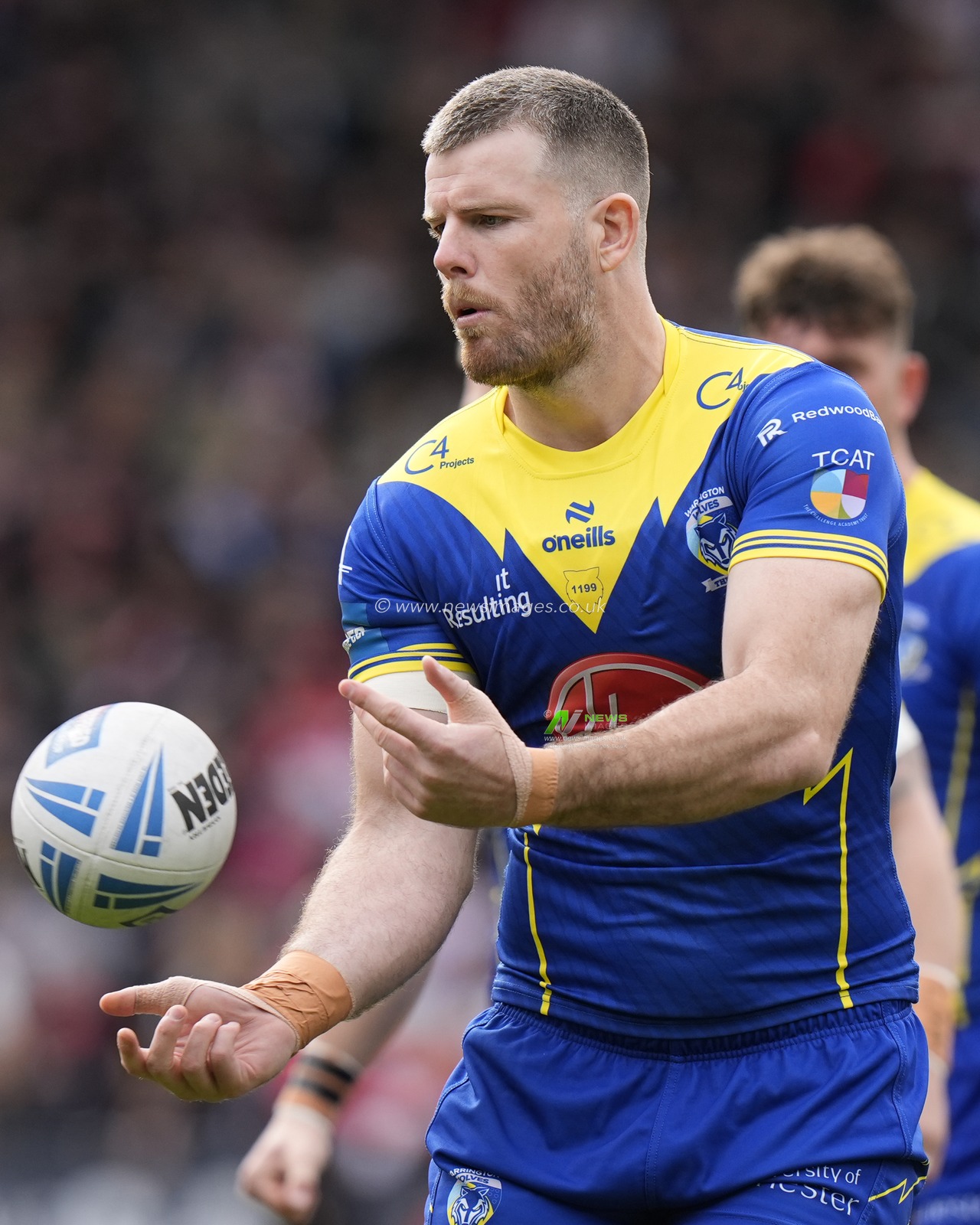 Lachlan Fitzgibbon of Warrington Wolves warms up before the Betfred Challenge Cup Quarter Final match St Helens vs Warrington Wolves at Totally Wicked Stadium, St Helens, United Kingdom, 14th April 2024

(Photo by Steve Flynn/News Images)