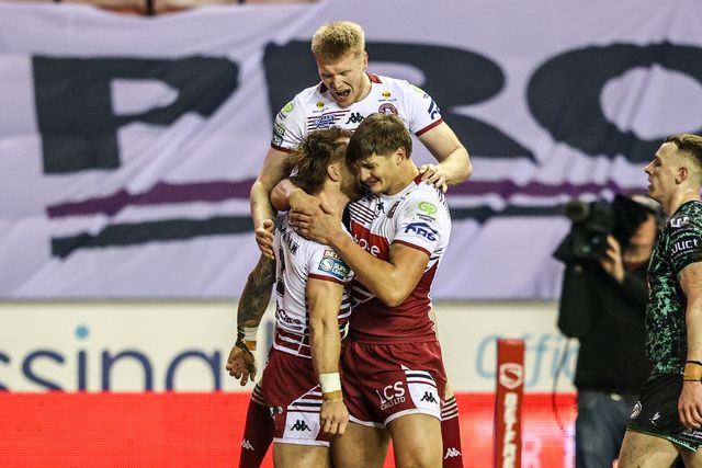 Adam Keighran of Wigan Warriors celebrates his try during the Betfred Super League match Wigan Warriors vs Leigh Leopards at The Brick Community Stadium, Wigan, United Kingdom on 26 February 2026

(Photo by Alfie Cosgrove/News Images)
