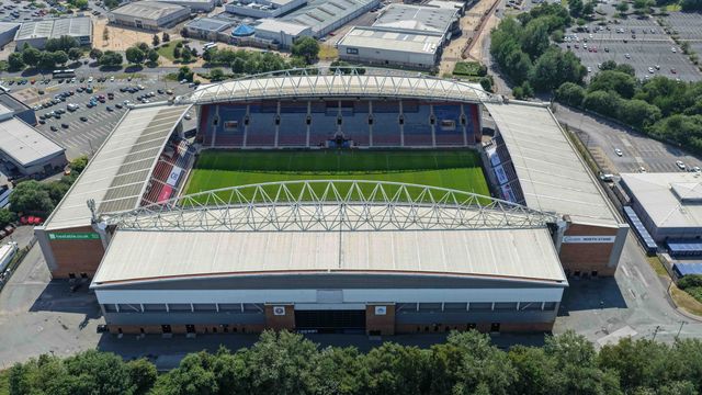 An aerial view of The Brick Community Stadium during the Betfred Super League round 18 match Wigan Warriors vs Warrington Wolves at The Brick Community Stadium, Wigan, United Kingdom on 10 July 2026

(Photo by Mark Cosgrove/News Images)