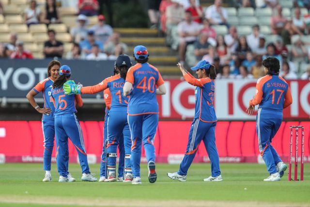 Jemimah of India celebrates the wicket of Danni Wyatt-Hodge of England during the 5th Vitality IT20 England Women vs India Women at Edgbaston, Birmingham, United Kingdom, 12th July 2025

(Photo by Izzy Poles/News Images)