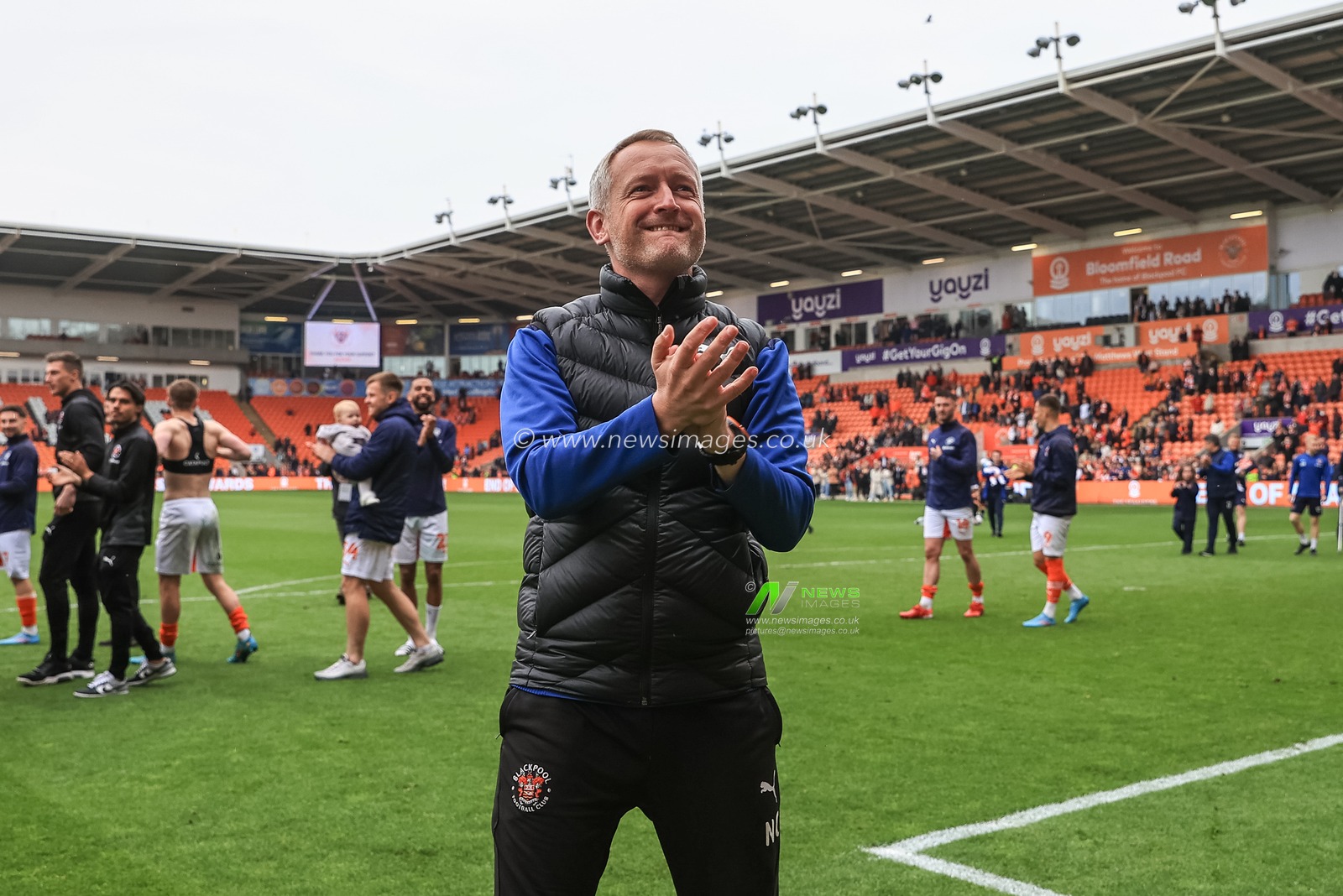 Neil Critchley head coach of Blackpool with the fans after the last home game of the season