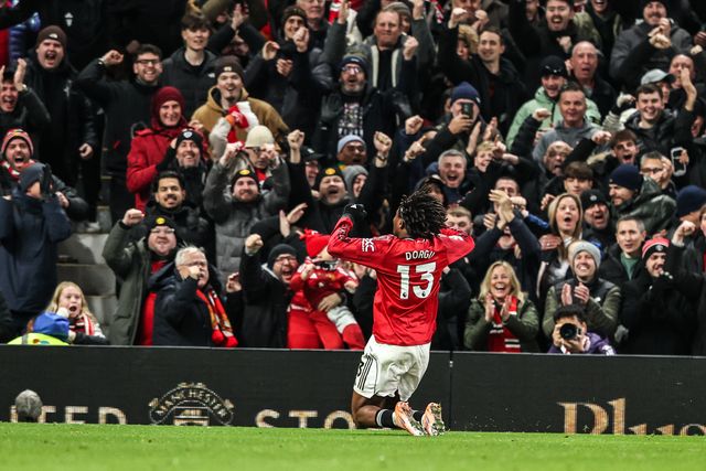 Patrick Dorgu of Manchester Untied celebrates his goal to make it 1-0 during the Premier League match Manchester United vs Newcastle United at Old Trafford, Manchester, United Kingdom, 26th December 2025

(Photo by Alfie Cosgrove/News Images)

*** GER AUT SUI OUT ***