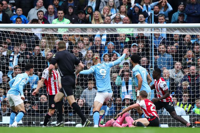 Erling Haland of Manchester City shoots and scores to make it 2-0 during the Premier League match Manchester City vs Brentford at The City in the Community Etihad Stadium, Manchester, United Kingdom on 09 May 2026

(Photo by Jorge Horsted/News Images)