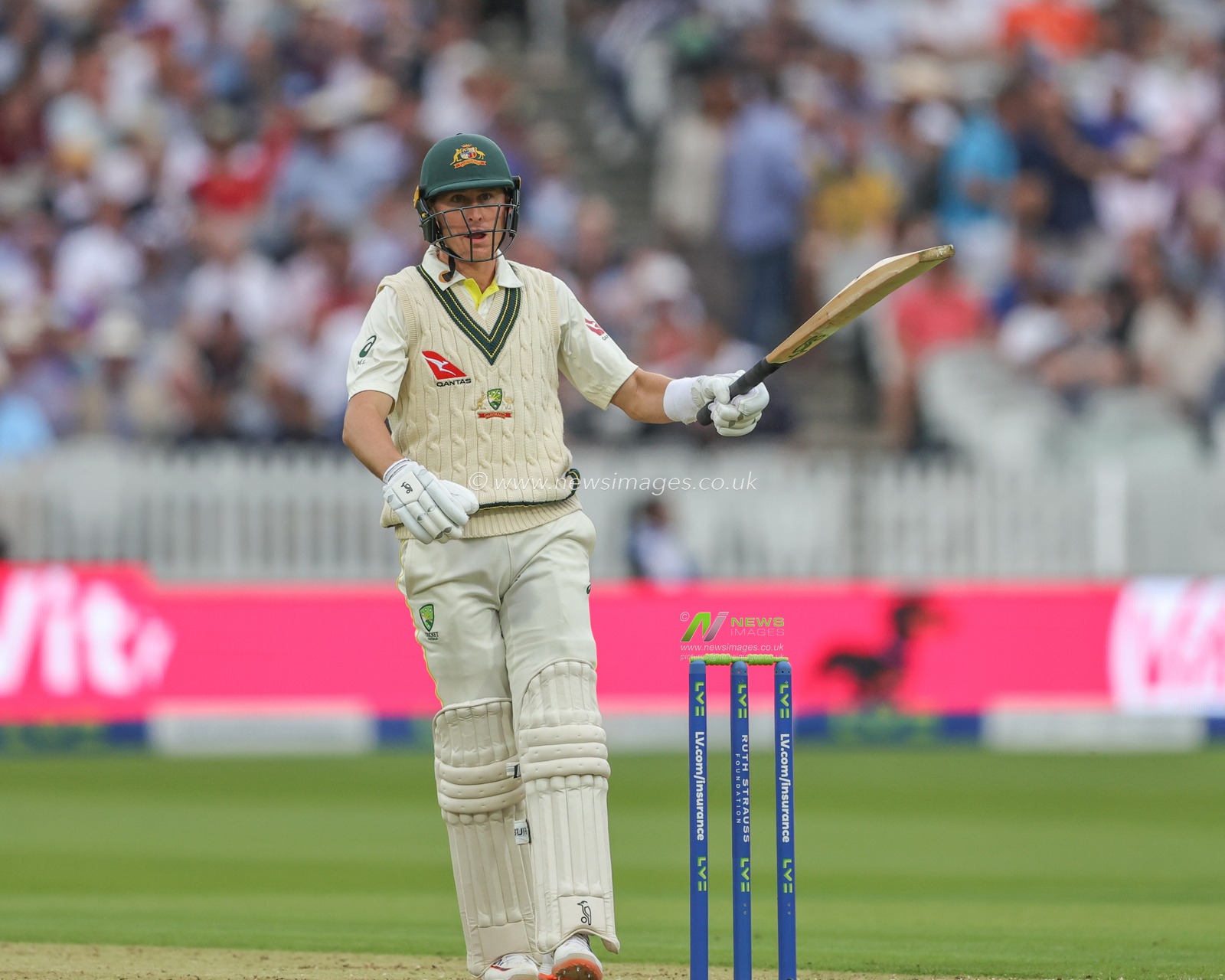 Marnus Labuschagne of Australia reacts after a bouncer during the LV= Insurance Ashes Test Series Second Test Day 1 England v Australia at Lords, London, United Kingdom, 28th June 2023

(Photo by Mark Cosgrove/News Images)