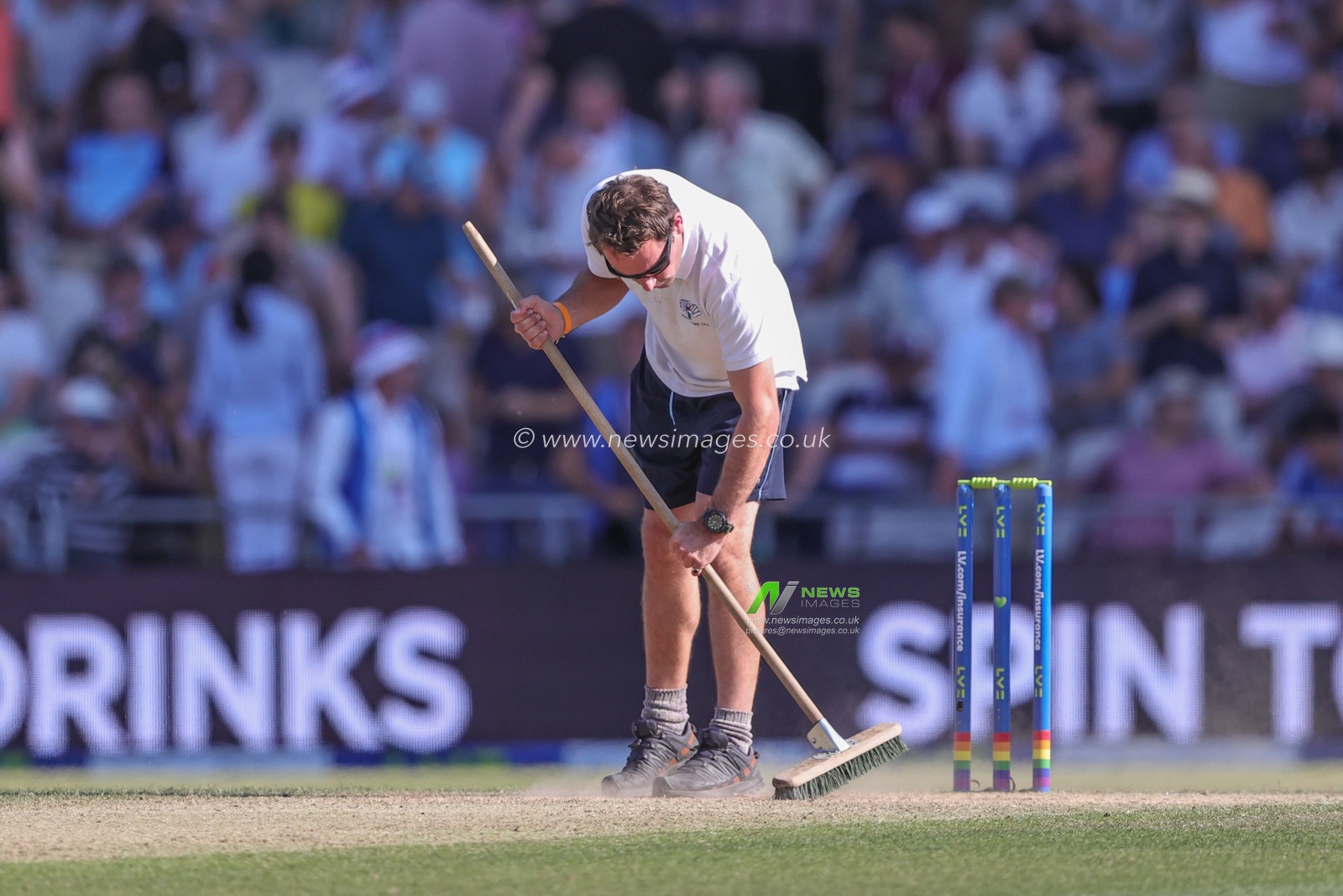 Ground staff make repairs to the crease during a break for drinks during the LV= Insurance Ashes Third Test Series Day 2 England v Australia at Headingley Stadium, Leeds, United Kingdom, 7th July 2023

(Photo by Mark Cosgrove/News Images)