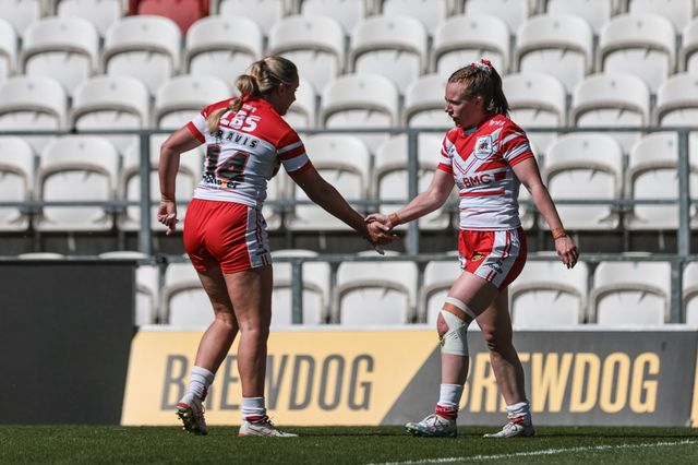 Dani McGifford of St Helen’s goes over for a try during the Betfred Women's Challenge Cup Quarter Final match St Helens vs Barrow Raiders at The BrewDog Stadium, St Helens, United Kingdom on 25 April 2026

(Photo by Mark Cosgrove/News Images)