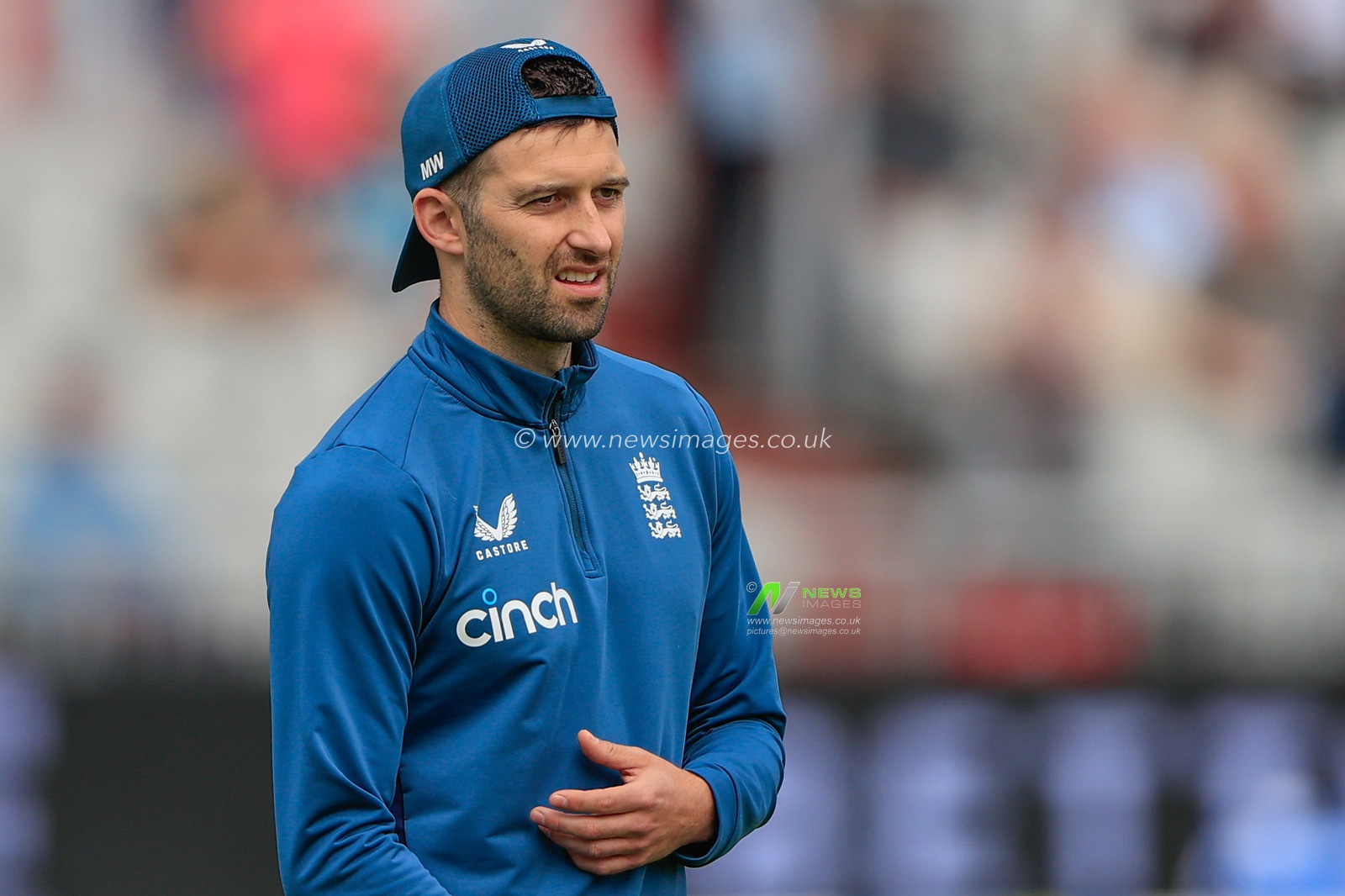 Mark Wood of England in the pre-game warm up session during the LV= Insurance Ashes Fourth Test Series Day Three Test Series match England vs Australia at Old Trafford, Manchester, United Kingdom, 21st July 2023

(Photo by Conor Molloy/News Images)