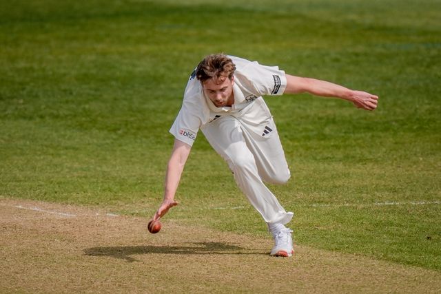 Craig Miles attempts to take a return catch during the County Championship Division Two Derbyshire v Gloucestershire at The Central Co-Op County Ground, Derby, United Kingdom on 26 April 2026

(Photo by Maynard Manyowa/News Images)