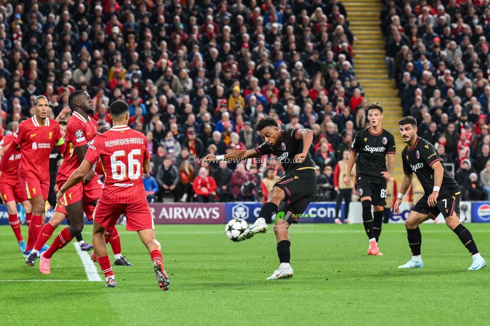 Dan Ndoye of Bologna shoots during the UEFA Champions League  - League Stage match Liverpool vs Bologna at Anfield, Liverpool, United Kingdom, 2nd October 2024

(Photo by Craig Thomas/News Images)