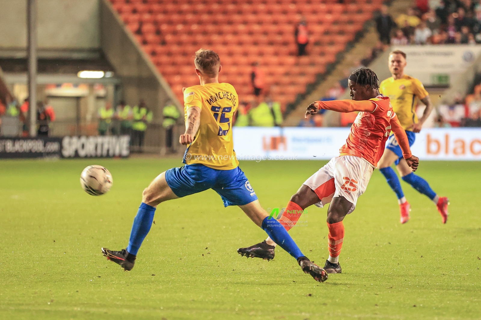 Cameron Antwi #25 of Blackpool shoots on goal