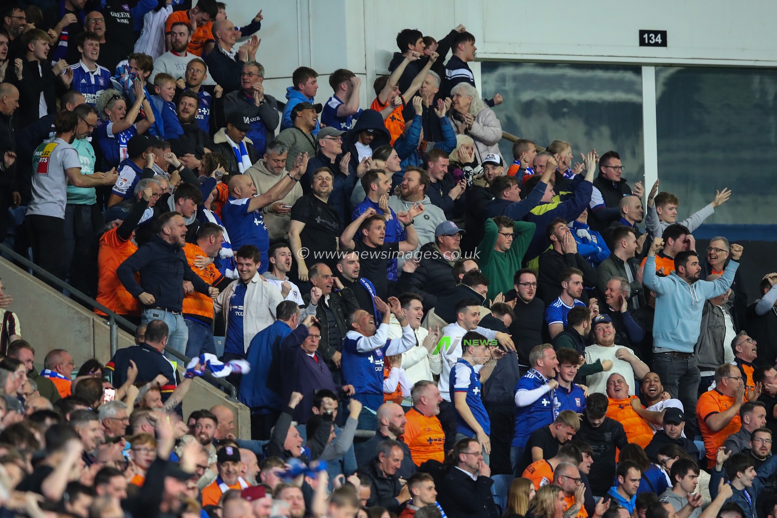 Ipswich Town fans celebrates their side's goal to make it 1-2 during the Sky Bet Championship match Coventry City vs Ipswich Town at Coventry Building Society Arena, Coventry, United Kingdom, 30th April 2024

(Photo by Gareth Evans/News Images)