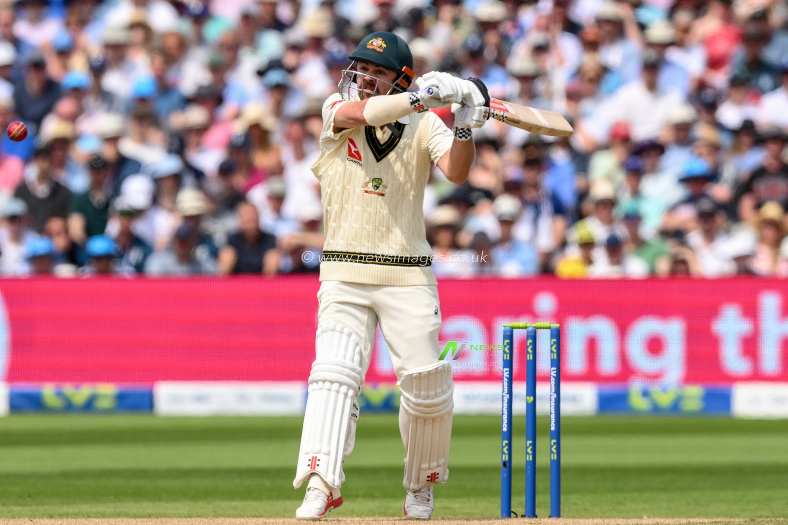 Travis Head of Australia tries to pull the ball during the LV= Insurance Ashes First Test Series Day 2 England v Australia at Edgbaston, Birmingham, United Kingdom, 17th June 2023

(Photo by Craig Thomas/News Images)