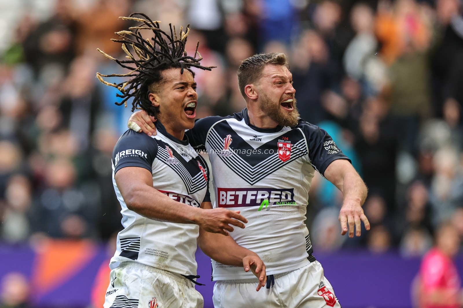 Dom Young of England celebrates his try during the Rugby League World Cup 2021 match England vs Samoa at St. James's Park, Newcastle, United Kingdom, 15th October 2022

(Photo by Mark Cosgrove/News Images)
