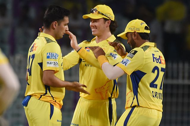 Chennai Super Kings' Anshul Kamboj, left, celebrates the dismissal of Kolkata Knight Riders' Rahamanullah Gurbaz during the 2025 IPL match between Kolkata Knight Riders and Chennai Super Kings at Eden Gardens on May 07, 2025, in Kolkata, India.Photo by Debajyoti Chakraborty.(Photo: Debajyoti Chakraborty/News Images)