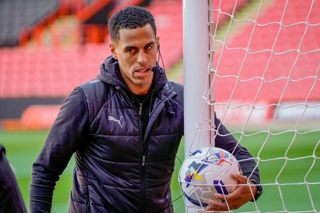 Referee Farai Hallam tests the goal line technology prior to kick off during the Sky Bet Championship match Sheffield United vs Blackburn Rovers at Bramall Lane, Sheffield, United Kingdom on 22 April 2026

(Photo by Maynard Manyowa/News Images)