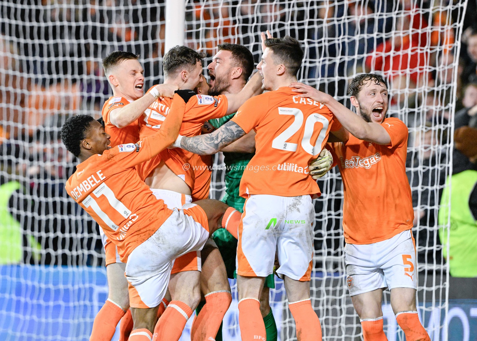 Blackpool celebrates winning the penalty shootout, during the Bristol Street Motors Trophy Quarter Final match Blackpool vs Bolton Wanderers at Bloomfield Road, Blackpool, United Kingdom, 30th January 2024

(Photo by Cody Froggatt/News Images)