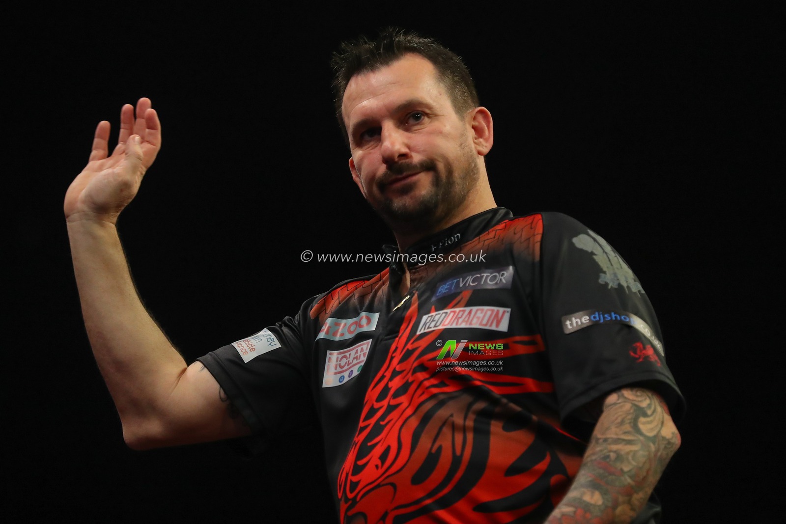 Jonny Clayton reacts during the 2023 Cazoo PDC Premier League Darts Night 10 at Utilita Arena Birmingham, Birmingham, United Kingdom, 6th April 2023

(Photo by Gareth Evans/News Images)