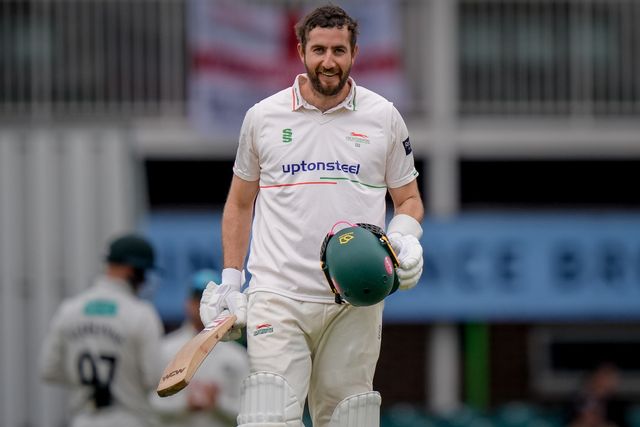 Stephen Eskinazi celebrates scoring his 100 as he reaches a century during the County Championship Division One day 3 Leicestershire vs Nottinghamshire at Grace Road, Leicester, United Kingdom on 03 May 2026

(Photo by Maynard Manyowa/News Images)