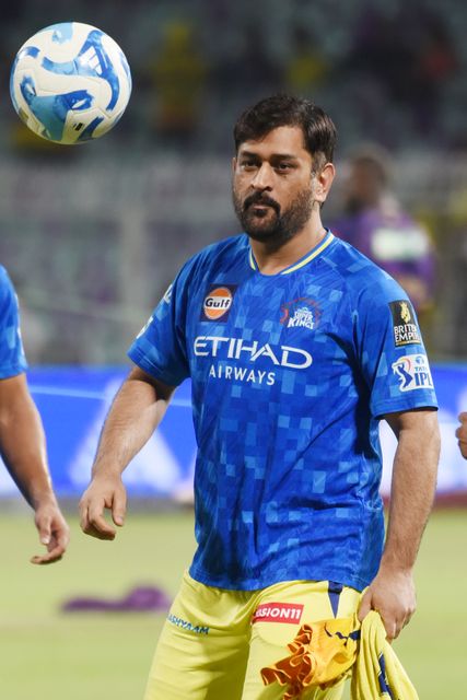 CSK Captain MS Dhoni playing Soccer at  the  Eden Gardens Cricket Siadum prior to the 2025 IPL match between Kolkata Knight Riders and Chennai Super Kings (CSK) in Kolkata,India on May 7,2025.Photo by Debajyoti Chakraborty.(Photo: Debajyoti Chakraborty/News Images)