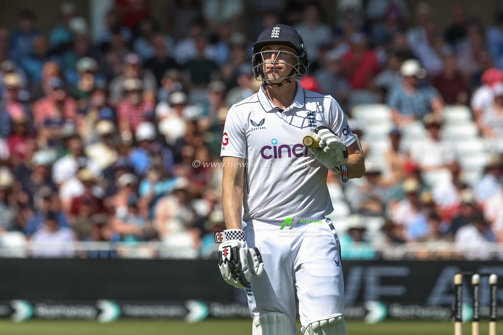 Harry Brook of England leaves the field of play after being caught out by Kirk McKenzie of West Indies during the 2nd Rothesay Test Match match England vs West Indies at Trent Bridge, Nottingham, United Kingdom, 18th July 2024

(Photo by Mark Cosgrove/News Images)