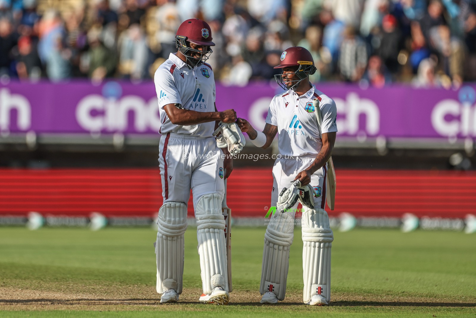 Alick Athanaze of West Indies and Mikyle Louis of West Indies leave the field of play at the end of day 2 not out during Day Two of the Rothesay Test match England vs West Indies at Edgbaston, Birmingham, United Kingdom, 27th July 2024

(Photo by Mark Cosgrove/News Images)