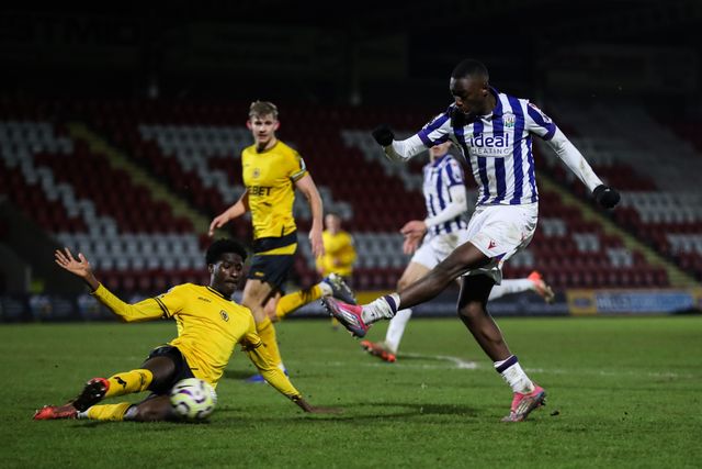 Eseosa Sule of West Bromwich Albion has a shot at goal blocked during the Premier League 2 U21's Wolverhampton Wanderers U21 v West Bromwich Albion U21 at Aggborough Stadium, Kidderminster, United Kingdom, 17th February 2025

(Photo by Gareth Evans/News Images)