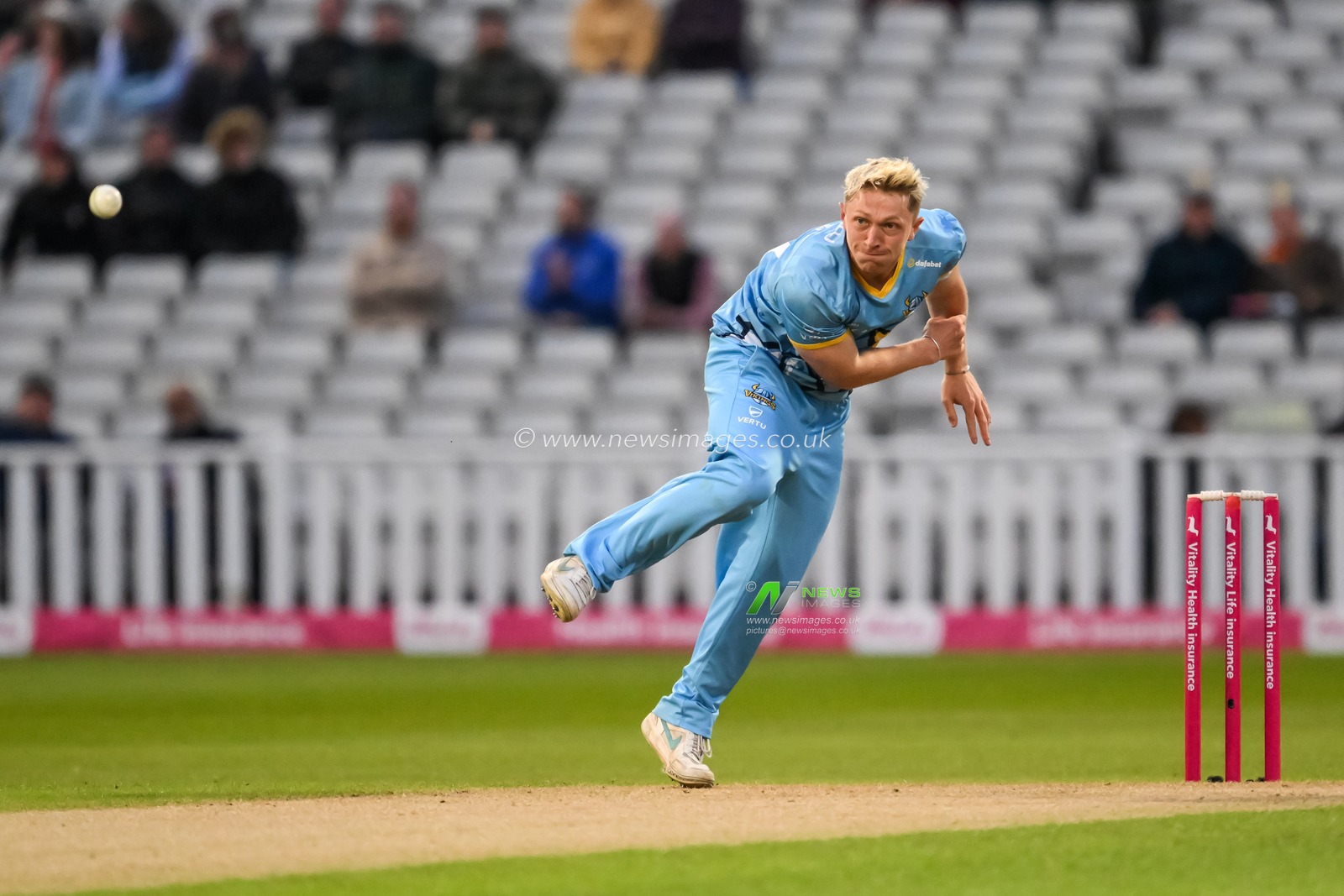 Dom Bess of Yorkshire Vikings delivers the ball during the Vitality Blast match Birmingham Bears vs Lancashire Lightning at Edgbaston, Birmingham, United Kingdom, 14th June 2024

(Photo by Craig Thomas/News Images)