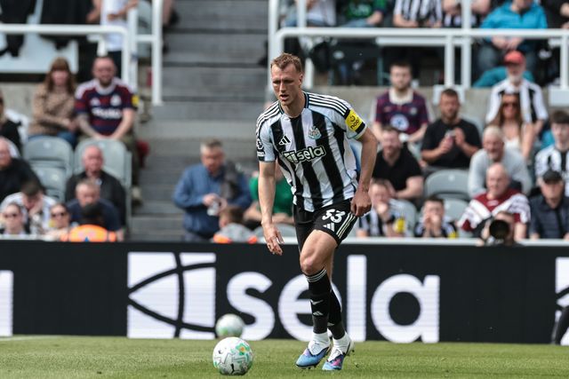 Dan Burn of Newcastle United with the ball during the Premier League match Newcastle Untied vs Brighton & Hove Albion at St. James's Park, Newcastle, United Kingdom on 02 May 2026

(Photo by Mark Cosgrove/News Images)