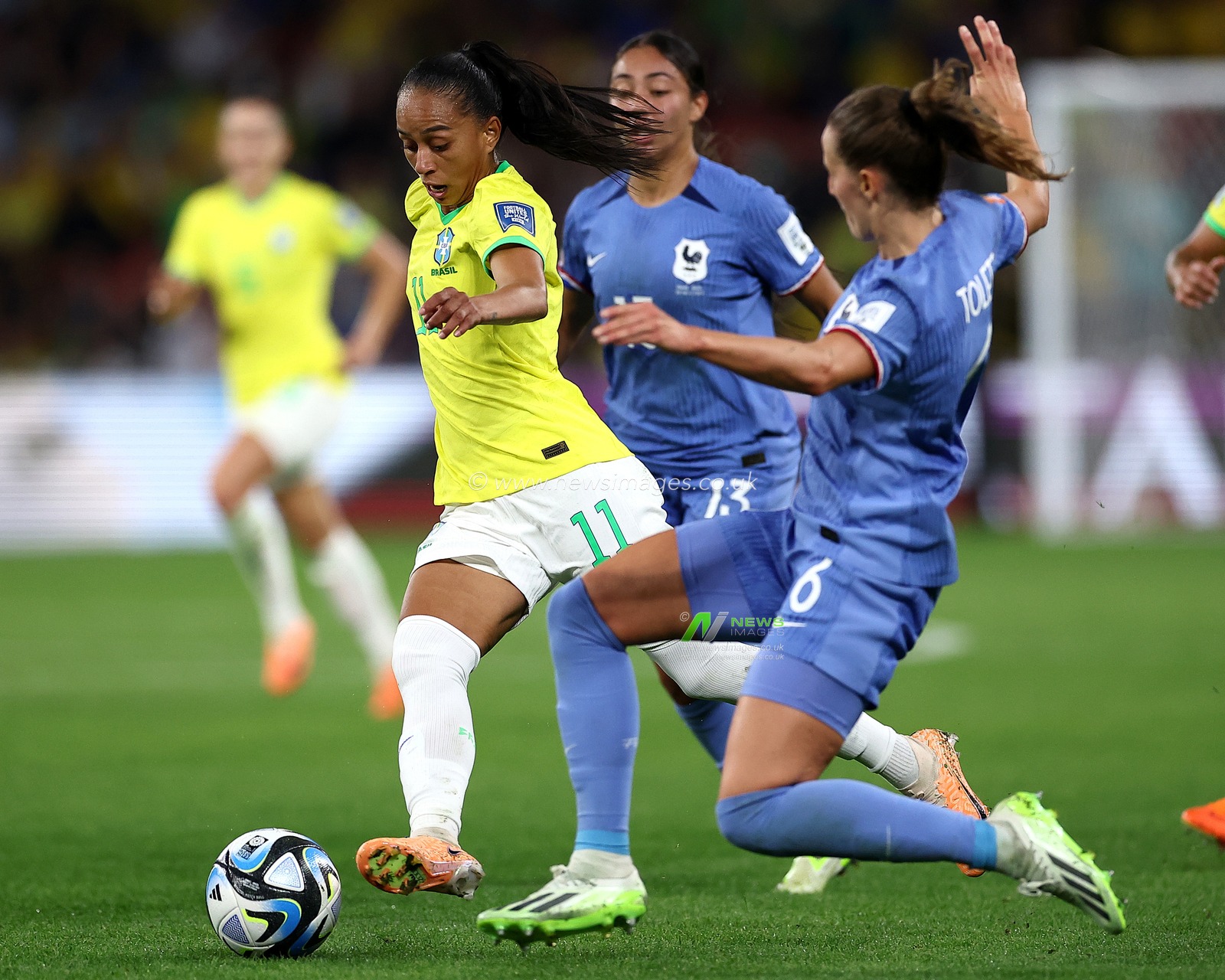 Adriana of Brazil is tackled by Sandie Toletti of France during the FIFA Women's World Cup 2023 France Women vs Brazil Women Group F match at Suncorp Stadium, Brisbane, Australia, 29th July 2023

(Photo by Patrick Hoelscher/News Images)