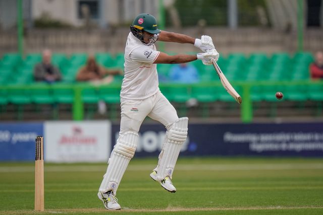 Rishi Patel hits the ball for four during the County Championship Division One day 3 Leicestershire vs Nottinghamshire at Grace Road, Leicester, United Kingdom on 03 May 2026

(Photo by Maynard Manyowa/News Images)