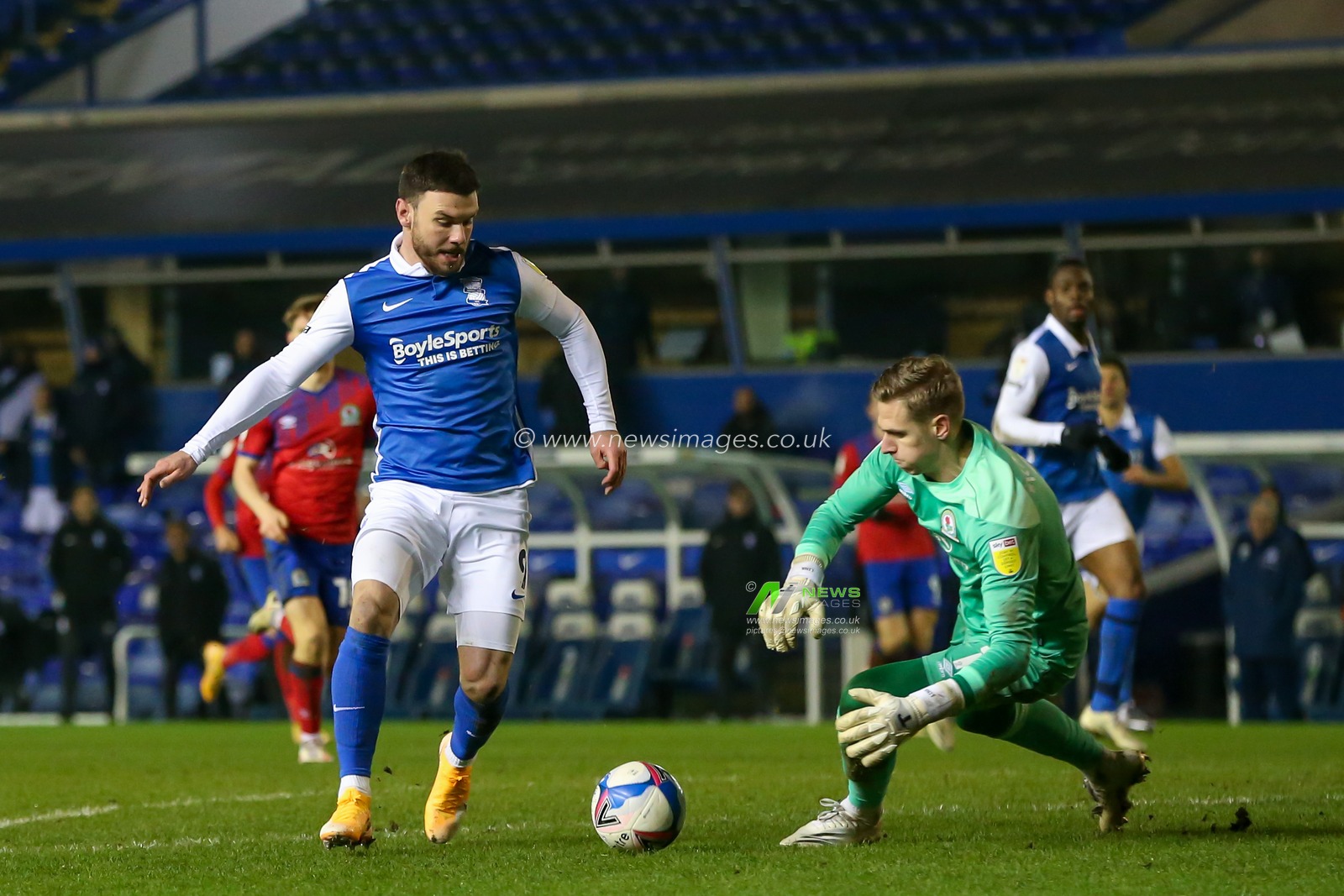 Scott Hogan #9 of Birmingham City sees his shot saved by Thomas Kaminski #1 of Blackburn Rovers