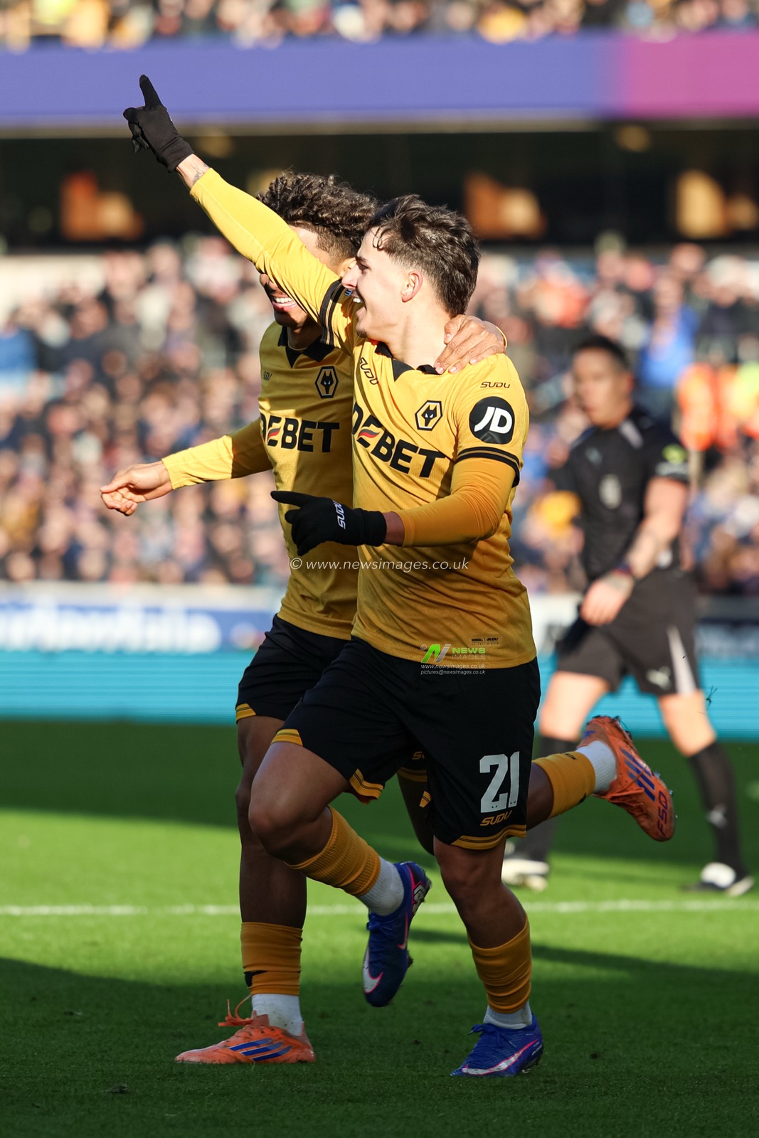 Rodrigo Gomes of Wolverhampton Wanderers celebrates scoring during the Emirates FA Cup Third Round match Wolverhampton Wanderers vs Shrewsbury Town at Molineux, Wolverhampton, United Kingdom, 10th January 2026

(Photo by Euan Manning/News Images)