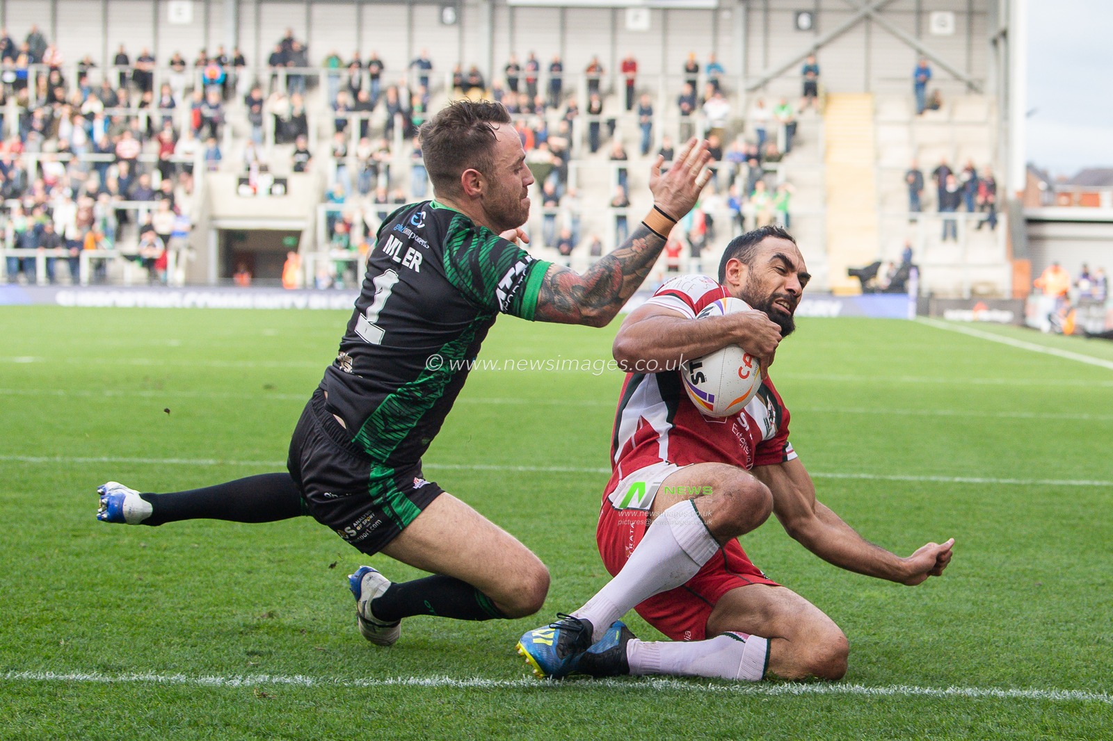 Reece Robinson of Lebanon goes over for a try during the Rugby League World Cup 2021 match Ireland vs Lebanon at Leigh Sports Village, Leigh, United Kingdom, 23rd October 2022

(Photo by Craig Thomas/News Images)