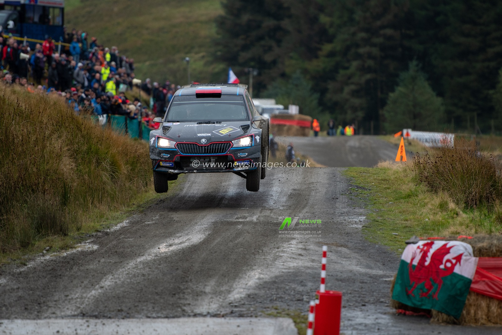 5th October 2019, Wales ; SS13 Sweet Lamb Hafren, Wales Rally GB 2019 Stage 13: Nikolay GRYAZIN & Co Driver Yaroslav FEDOROV competing in the Skoda Fabia R5 hit the jump prior to the water spalsh.

Credit: Gareth Dalley/News Images