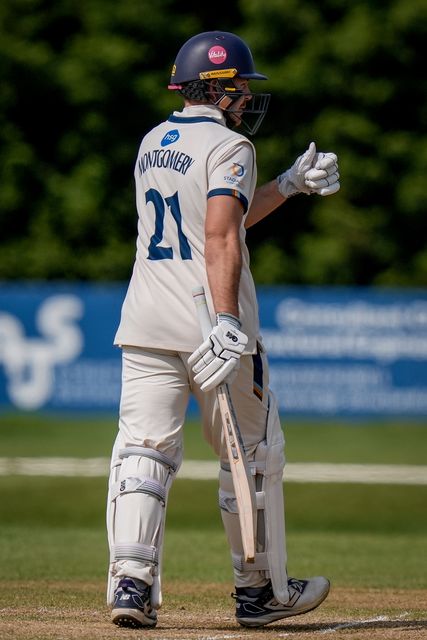 Matthew Montgomery raises his bat to the pavilion to celebrate scoring a fifty during the county Championship Division Two day 4 Derbyshire vs Gloucestershire at The Central Co-Op County Ground, Derby, United Kingdom on 27 April 2026

(Photo by Maynard Manyowa/News Images)