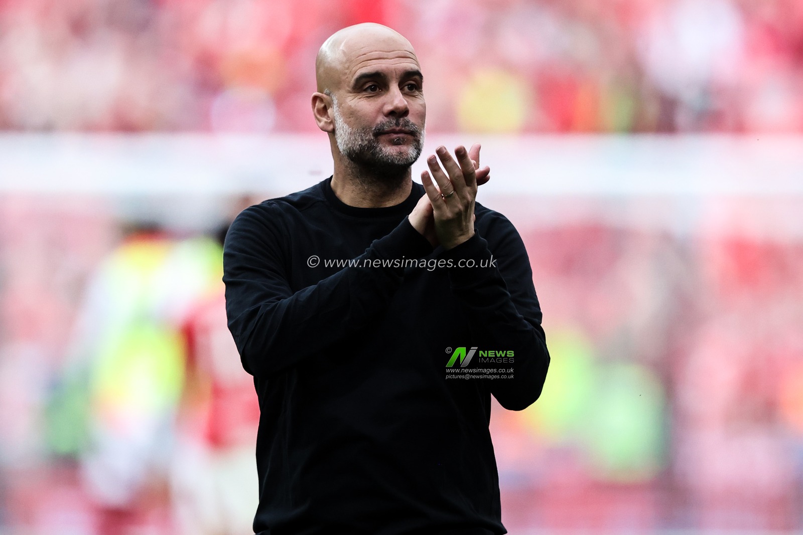Pep Guardiola manager of Manchester City applauds the travelling fans after the Emirates FA Cup Semi-Final match Nottingham Forest vs Manchester City at Wembley Stadium, London, United Kingdom, 26th April 2025

(Photo by Alfie Cosgrove/News Images)