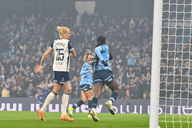 Khadija Shaw of Manchester City Women celebrates her goal to make it 1-0 Manchester City during the Barclays Women's Super League match Manchester City Women vs Tottenham Hotspurâ€™s Women at Etihad Stadium, Manchester, United Kingdom, 8th November 2024

(Photo by Cody Froggatt/News Images)
