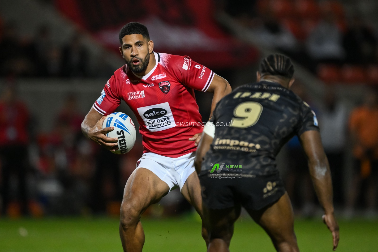 Nene Macdonald of Salford Red Devils in action during the Betfred Super League play-off Eliminator 1 Salford Red Devils v Leigh Leopards at Salford Community Stadium, Eccles, United Kingdom, 27th September 2024

(Photo by Craig Thomas/News Images)