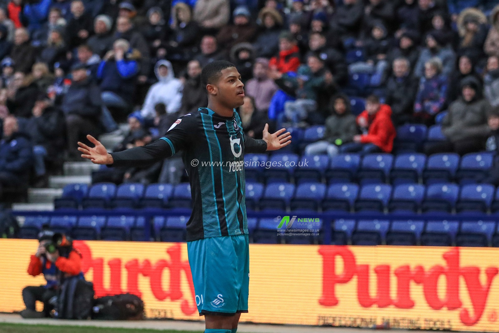 1st February 2020, Deepdale, Preston, England; Sky Bet Championship, Preston North End v Swansea City : Rhian Brewster (19) of Swansea City celebrates his goal to make it 1-1