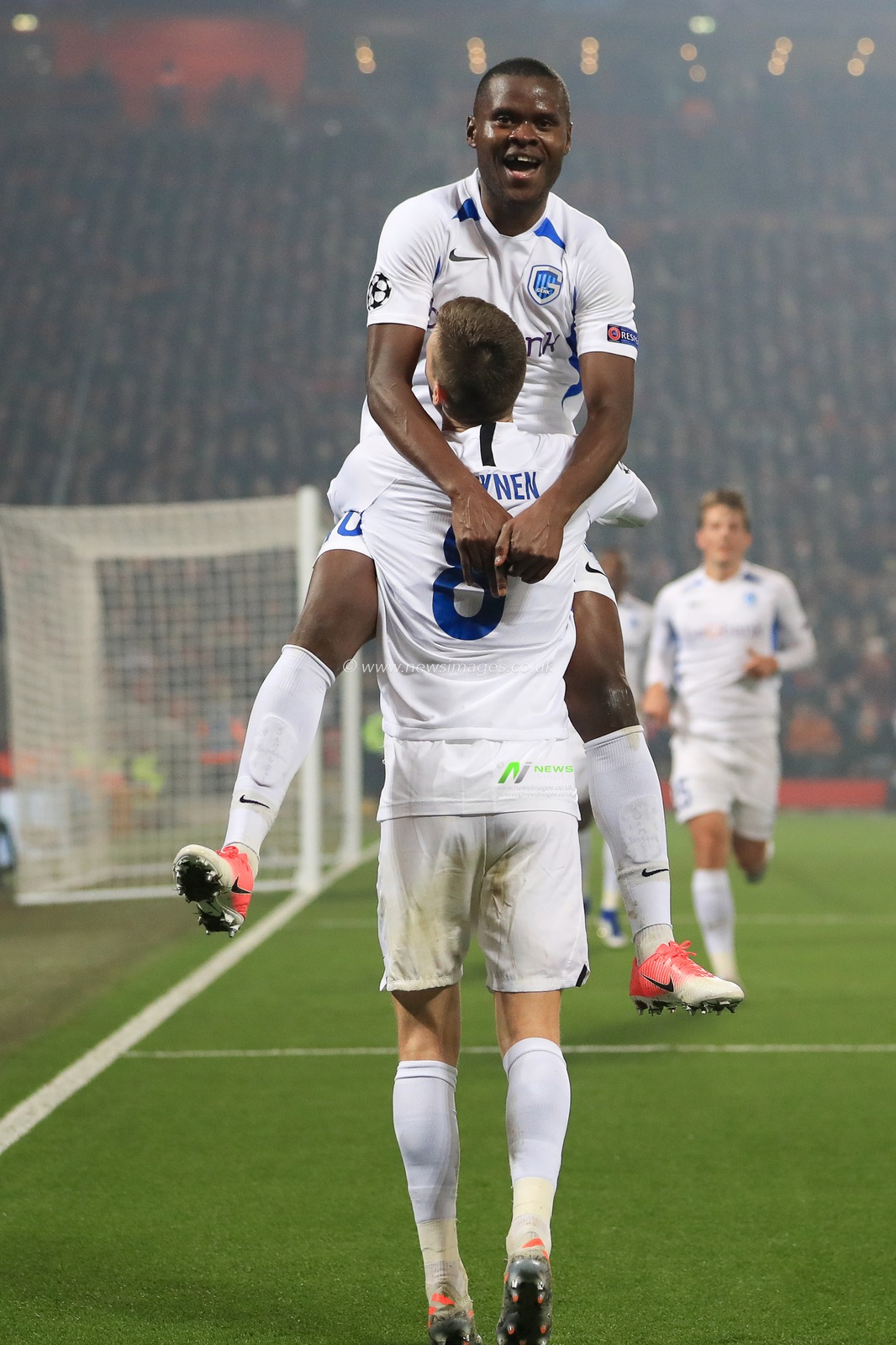 5th November 2019, Anfield, Liverpool, England; UEFA Champions League, Liverpool v KRC Genk : Ally Mbwana Samatta (10) of KRC Genk celebrates after scoring a goal to make it 1-1 

Credit: Mark Cosgrove/News Images